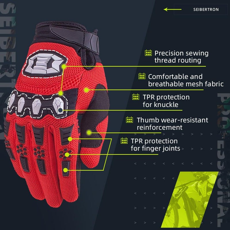 Seibertron Youth Unisex MX ATV MTB Racing Gloves - Full Finger Touchscreen Glove for Bicycle Cycling Mountain Biking Motorcycle and Motocross Red XL - Image 3